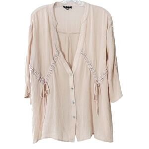 POL Button-Front V-Neck Peasant Blouse Women's S Beige Embroidered 3/4 Sleeve